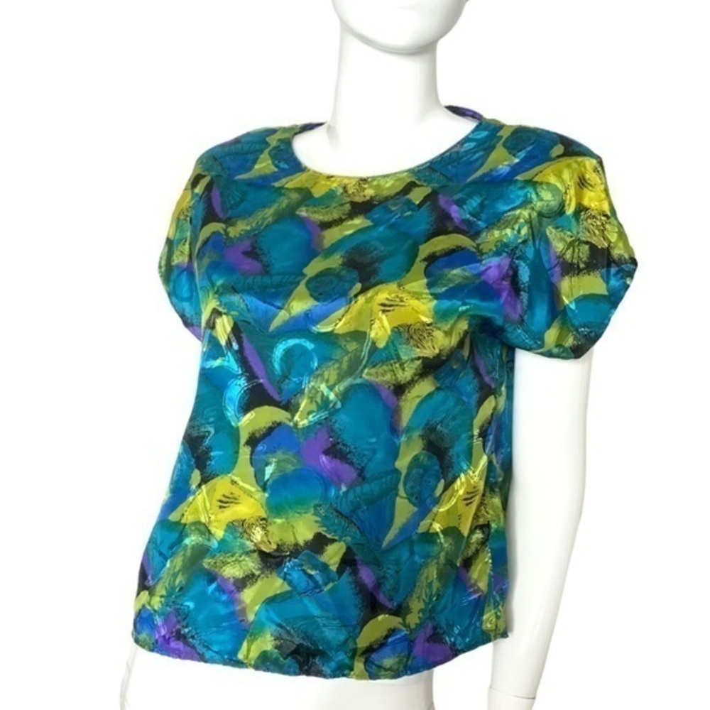 Vintage 80s‎ Maggie Lawrence L maximalist print blue metallic boxy blouse USA